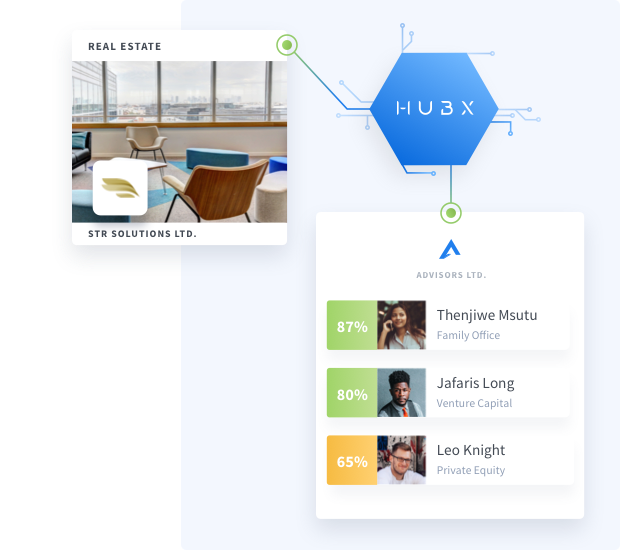 HUBX workspace showing a private deal and investor match information
